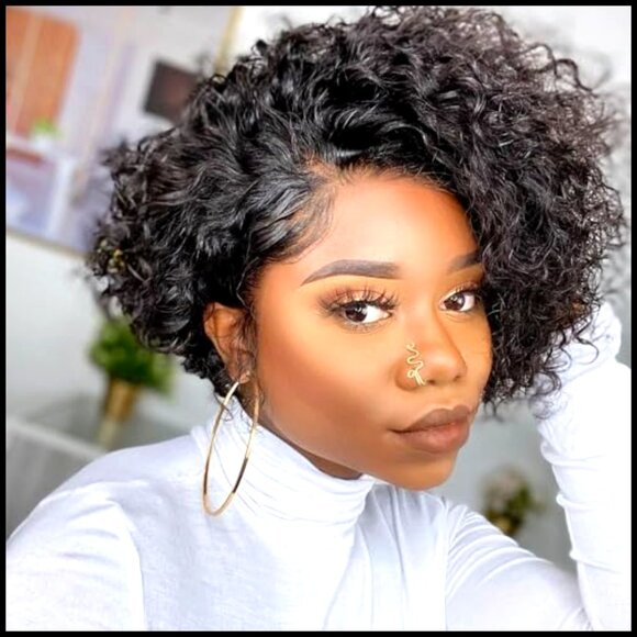 Short Curly Human Hair Wig Glueless Lace Closure Pre Plucked Pixie Cut Bob